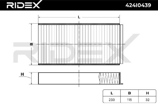 RIDEX 424I0439 Innenraumfilter Pollenfilter Höhe: 32 Breite: 115 Länge: 233 Bild RIDEX 424I0439 Innenraumfilter Pollenfilter Höhe: 32 Breite: 115 Länge: 233