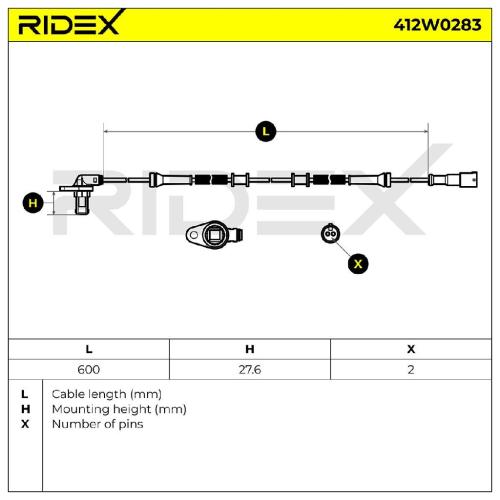 RIDEX ABS-Sensor 412W0283 Vorderachse Anzahl der Steckkontakte: 2 600mm Bild RIDEX ABS-Sensor 412W0283 Vorderachse Anzahl der Steckkontakte: 2 600mm