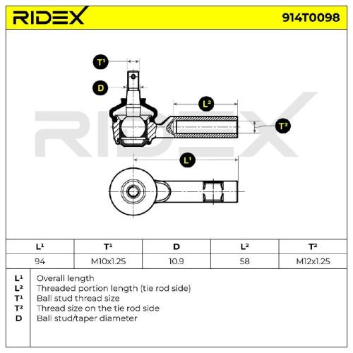 RIDEX Spurstangenkopf Vorderachse Traggelenk M10x1,25 M12 x 1,25 914T0098 Bild RIDEX Spurstangenkopf Vorderachse Traggelenk M10x1,25 M12 x 1,25 914T0098