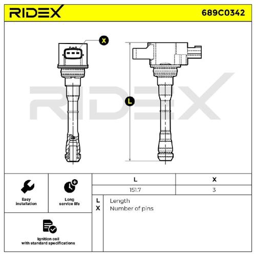 RIDEX 689C0342 Zündspule 12V für NISSAN Qashqai II (J11, J11) 224481KC0A Bild RIDEX 689C0342 Zündspule 12V für NISSAN Qashqai II (J11, J11) 224481KC0A