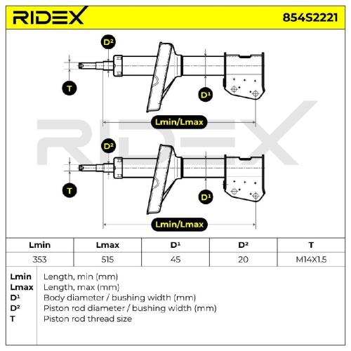 RIDEX 854S2221 2x Stoßdämpfer Federbein Gasdruck Vorne für RENAULT Clio 1I Bild RIDEX 854S2221 2x Stoßdämpfer Federbein Gasdruck Vorne für RENAULT Clio 1I
