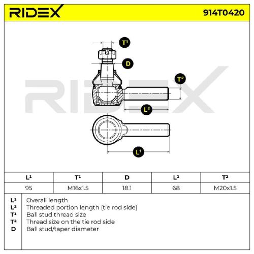 RIDEX Spurstangenkopf Vorderachse rechts außen Traggelenk M20x1.5 914T0420 mit Bild RIDEX Spurstangenkopf Vorderachse rechts außen Traggelenk M20x1.5 914T0420 mit