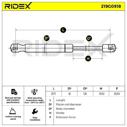 RIDEX 219G0918 Heckklappendämpfer Länge:317mm 300N Hub: 100mm für FORD 1621830 Bild RIDEX 219G0918 Heckklappendämpfer Länge:317mm 300N Hub: 100mm für FORD 1621830