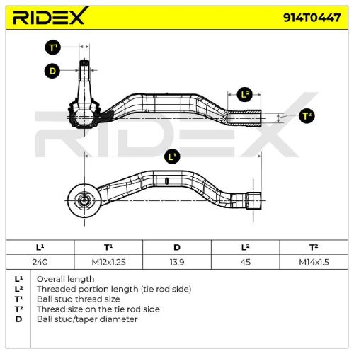 RIDEX Spurstangenkopf Vorderachse rechts Traggelenk FM14x1.5R 914T0447 Bild RIDEX Spurstangenkopf Vorderachse rechts Traggelenk FM14x1.5R 914T0447