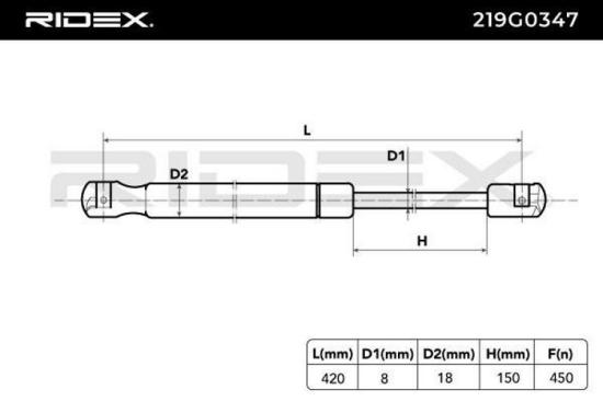 RIDEX 219G0347 Heckklappendämpfer hinten links hinten rechts Länge:420,5mm 450N Bild RIDEX 219G0347 Heckklappendämpfer hinten links hinten rechts Länge:420,5mm 450N