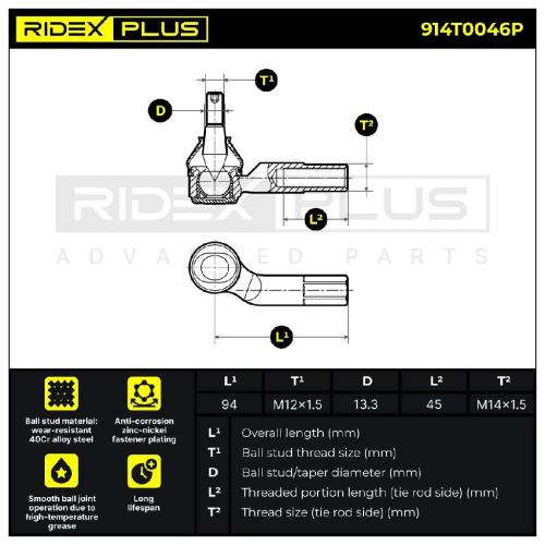 RIDEX PLUS Spurstangenkopf Vorderachse rechts außen Traggelenk M12x1,5 914T0046P Bild RIDEX PLUS Spurstangenkopf Vorderachse rechts außen Traggelenk M12x1,5 914T0046P