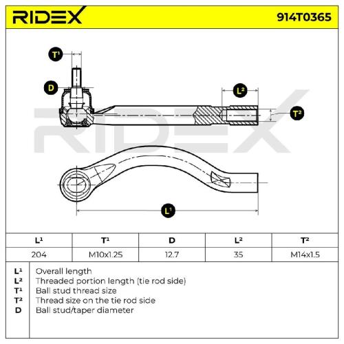 RIDEX Spurstangenkopf außen Vorderachse rechts Traggelenk M10X1.25 914T0365 Bild RIDEX Spurstangenkopf außen Vorderachse rechts Traggelenk M10X1.25 914T0365