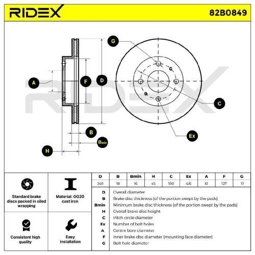 RIDEX 82B0849 2x Bremsscheiben Vorne Ø240mm Belüftet für NISSAN 100 NX Bild RIDEX 82B0849 2x Bremsscheiben Vorne Ø240mm Belüftet für NISSAN 100 NX