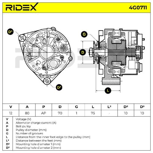 RIDEX 4G0711 Lichtmaschine 80A 14V Drehrichtung im Uhrzeigersinn mit Bild RIDEX 4G0711 Lichtmaschine 80A 14V Drehrichtung im Uhrzeigersinn mit