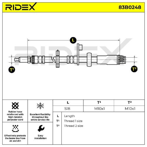 RIDEX Bremsschlauch 83B0248 VORNE beidseitig BREMSSCHLÄUCHE Länge: 518mm Bild RIDEX Bremsschlauch 83B0248 VORNE beidseitig BREMSSCHLÄUCHE Länge: 518mm