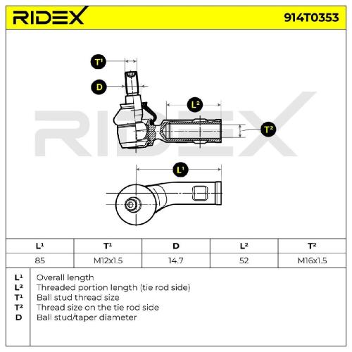 RIDEX Spurstangenkopf Vorderachse links Traggelenk M16x1,5 914T0353 für VW Bild RIDEX Spurstangenkopf Vorderachse links Traggelenk M16x1,5 914T0353 für VW