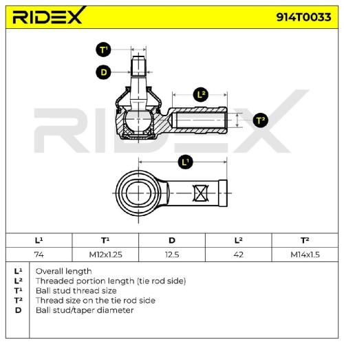 RIDEX Spurstangenkopf außen beidseitig Vorderachse Traggelenk M12X1.5 914T0033 Bild RIDEX Spurstangenkopf außen beidseitig Vorderachse Traggelenk M12X1.5 914T0033