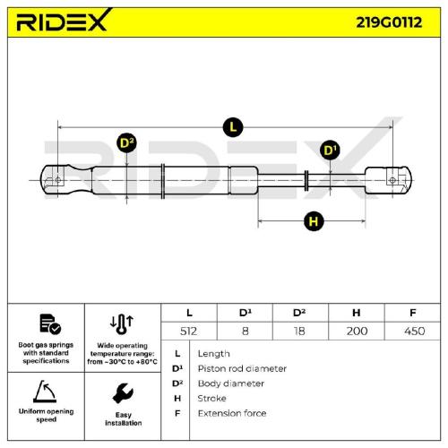 RIDEX 219G0112 Heckklappendämpfer Länge:512mm 450N Hub: 200mm 8731F5 8731F6 Bild RIDEX 219G0112 Heckklappendämpfer Länge:512mm 450N Hub: 200mm 8731F5 8731F6