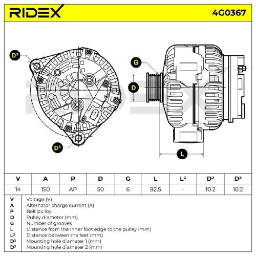 RIDEX 4G0367 Lichtmaschine 150A 14V Drehrichtung im Uhrzeigersinn mit Bild RIDEX 4G0367 Lichtmaschine 150A 14V Drehrichtung im Uhrzeigersinn mit