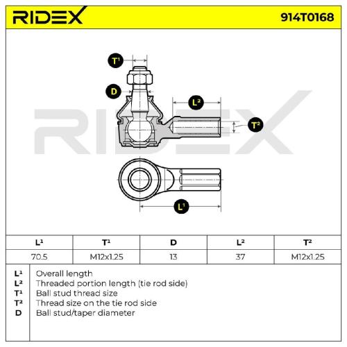 RIDEX Spurstangenkopf Vorderachse beidseitig außen Traggelenk M12X1.25 914T0168 Bild RIDEX Spurstangenkopf Vorderachse beidseitig außen Traggelenk M12X1.25 914T0168