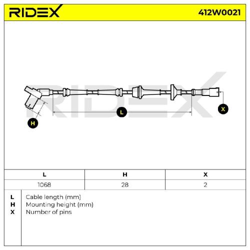 RIDEX ABS-Sensor 412W0021 Vorderachse beidseitig Sensorart: Induktivsensor Bild RIDEX ABS-Sensor 412W0021 Vorderachse beidseitig Sensorart: Induktivsensor