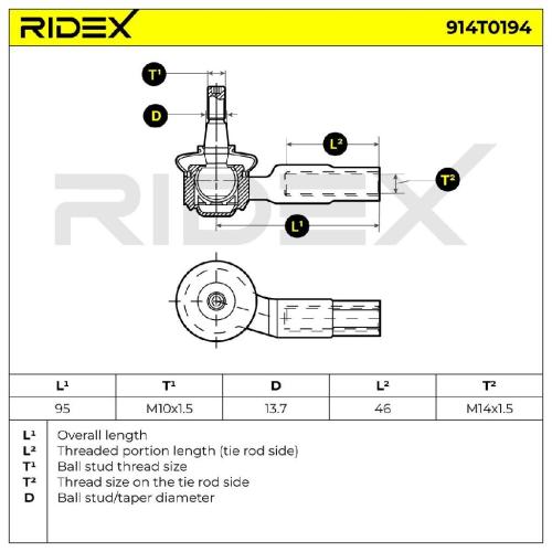 RIDEX Spurstangenkopf Vorderachse links außen Traggelenk M10X1.25 914T0194 Bild RIDEX Spurstangenkopf Vorderachse links außen Traggelenk M10X1.25 914T0194