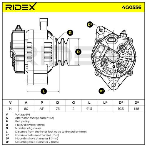 RIDEX 4G0556 Lichtmaschine 80A 14V 12V Drehrichtung im Uhrzeigersinn mit Bild RIDEX 4G0556 Lichtmaschine 80A 14V 12V Drehrichtung im Uhrzeigersinn mit