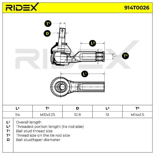 RIDEX Spurstangenkopf Vorderachse beidseitig außen Traggelenk M12X1.25 914T0026 Bild RIDEX Spurstangenkopf Vorderachse beidseitig außen Traggelenk M12X1.25 914T0026