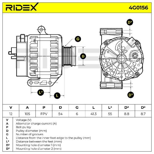 RIDEX 4G0156 Lichtmaschine 105A 12V Drehrichtung im Uhrzeigersinn mit für OPEL Bild RIDEX 4G0156 Lichtmaschine 105A 12V Drehrichtung im Uhrzeigersinn mit für OPEL