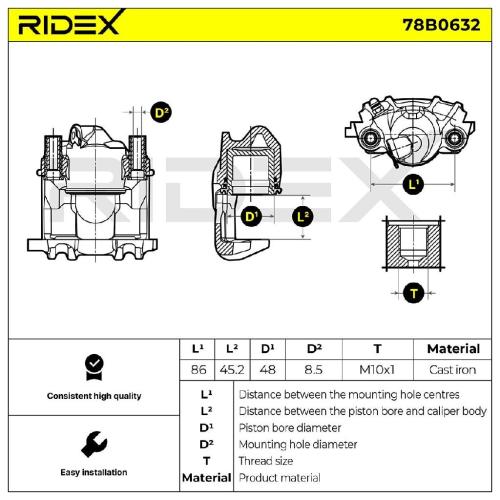 RIDEX 78B0632 Bremssattel Bremszange Vorne links für VW Golf 1I (19E, 1G1) Bild RIDEX 78B0632 Bremssattel Bremszange Vorne links für VW Golf 1I (19E, 1G1)