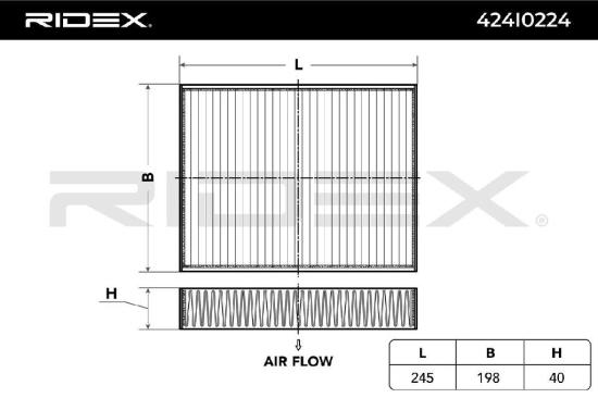 RIDEX 424I0224 Innenraumfilter Pollenfilter Aktivkohlefilter Höhe: 40 Breite: Bild RIDEX 424I0224 Innenraumfilter Pollenfilter Aktivkohlefilter Höhe: 40 Breite: