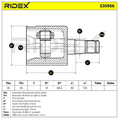RIDEX 5J0956 Gelenksatz Antriebswelle Achswelle getriebeseitig Vorne links Bild RIDEX 5J0956 Gelenksatz Antriebswelle Achswelle getriebeseitig Vorne links