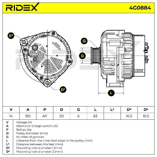 RIDEX 4G0884 Lichtmaschine 150A 12V Drehrichtung im Uhrzeigersinn mit 0101541002 Bild RIDEX 4G0884 Lichtmaschine 150A 12V Drehrichtung im Uhrzeigersinn mit 0101541002