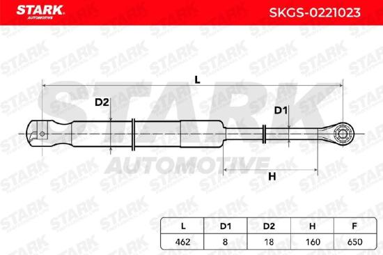STARK SKGS-0221023 Heckklappendämpfer beidseitig Länge:462mm 650N Hub: 142mm Bild STARK SKGS-0221023 Heckklappendämpfer beidseitig Länge:462mm 650N Hub: 142mm