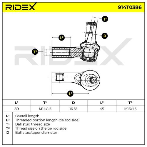 RIDEX Spurstangenkopf Vorderachse links Traggelenk 914T0386 mit Rechtsgewinde Bild RIDEX Spurstangenkopf Vorderachse links Traggelenk 914T0386 mit Rechtsgewinde