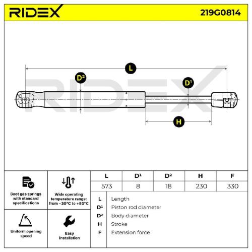 RIDEX 219G0814 Heckklappendämpfer Länge:573mm 330N Hub: 230mm für VOLVO 31278560 Bild RIDEX 219G0814 Heckklappendämpfer Länge:573mm 330N Hub: 230mm für VOLVO 31278560
