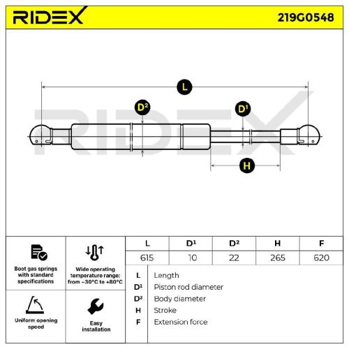 RIDEX 219G0548 Heckklappendämpfer rechts Länge:613mm 630N Hub: 245mm für OPEL Bild RIDEX 219G0548 Heckklappendämpfer rechts Länge:613mm 630N Hub: 245mm für OPEL
