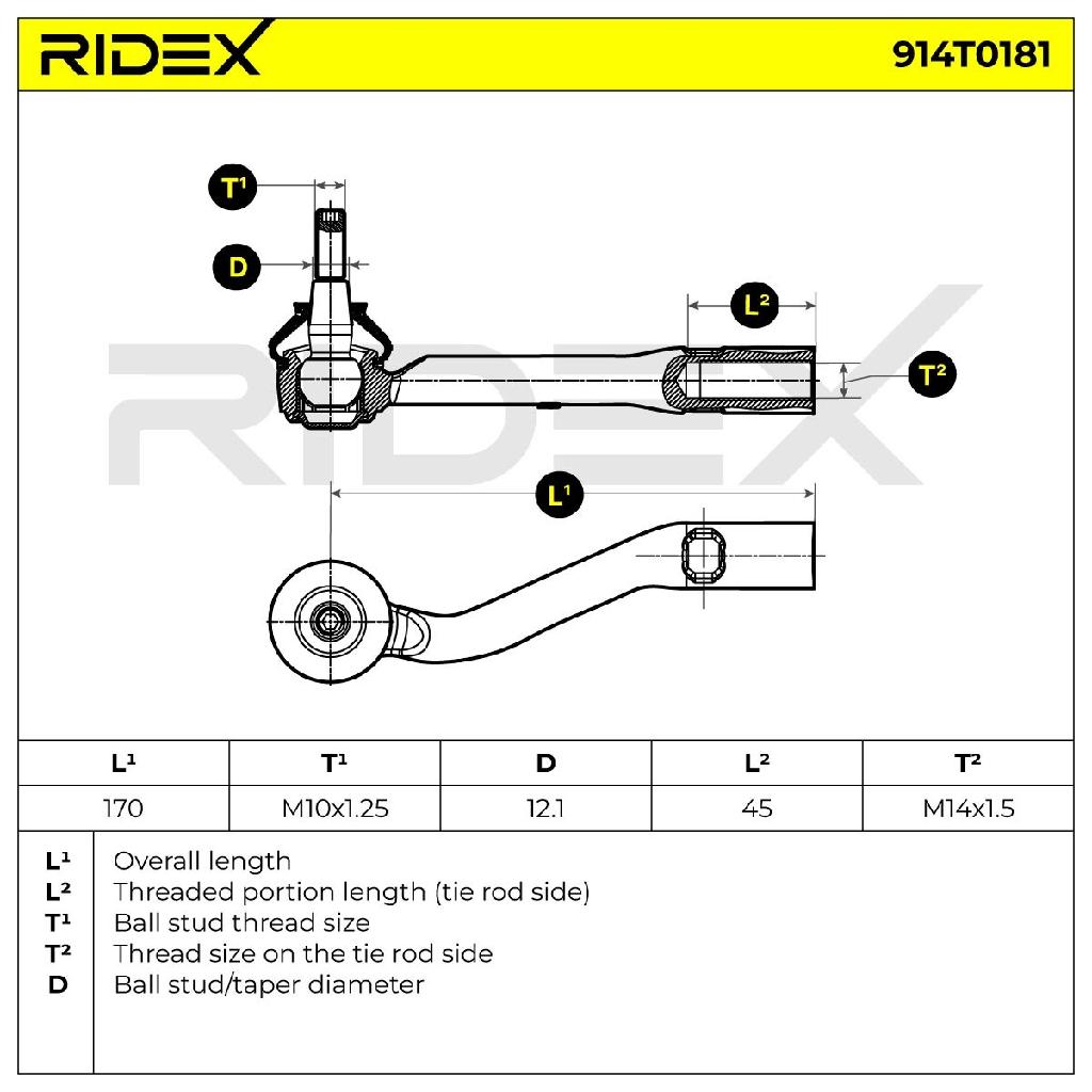 RIDEX Spurstangenkopf außen rechts Vorderachse Traggelenk M10X1.5 914T0181