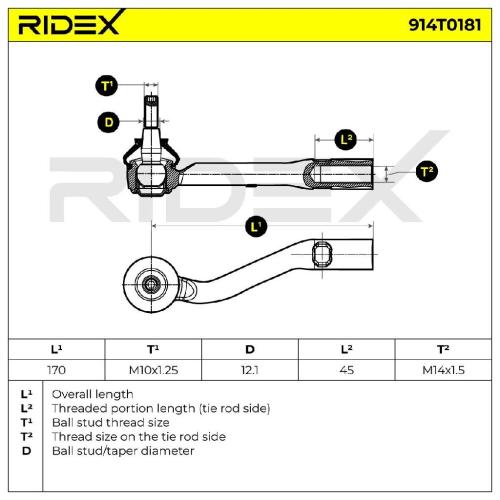 RIDEX Spurstangenkopf außen rechts Vorderachse Traggelenk M10X1.5 914T0181 Bild RIDEX Spurstangenkopf außen rechts Vorderachse Traggelenk M10X1.5 914T0181