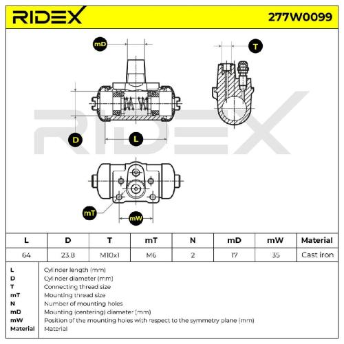 RIDEX 277W0099 1x Radbremszylinder Trommelbremse Radzylinder Hinten für ISUZU Bild RIDEX 277W0099 1x Radbremszylinder Trommelbremse Radzylinder Hinten für ISUZU