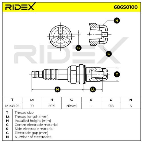 RIDEX 686S0100 Zündkerze Nickel Spanner Size: 16 mm Gewindelänge: 19,0 für VW Bild RIDEX 686S0100 Zündkerze Nickel Spanner Size: 16 mm Gewindelänge: 19,0 für VW