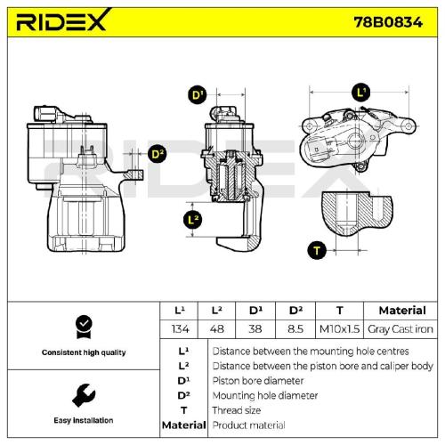RIDEX 78B0834 Bremssattel Bremszange Hinten rechts für FORD S-MAX (WA6) für 11mm Bild RIDEX 78B0834 Bremssattel Bremszange Hinten rechts für FORD S-MAX (WA6) für 11mm