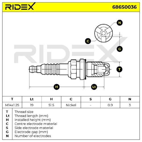 RIDEX 686S0036 Zündkerze Nickel Spanner Size: 16 mm Gewindelänge: 19,0 für VW Bild RIDEX 686S0036 Zündkerze Nickel Spanner Size: 16 mm Gewindelänge: 19,0 für VW