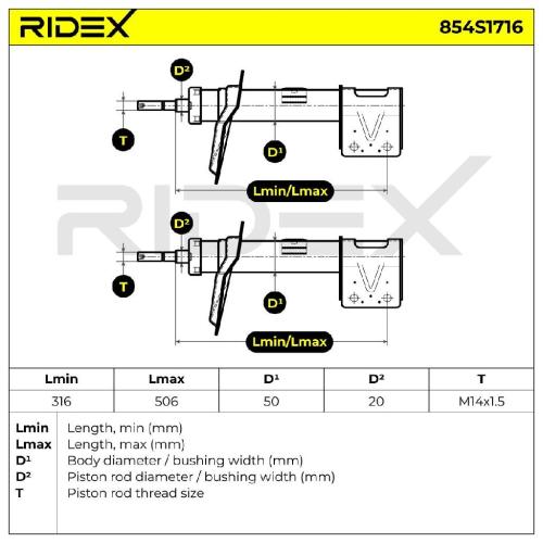 RIDEX 854S1716 2x Stoßdämpfer Federbein Gasdruck Vorne passend für PEUGEOT Bild RIDEX 854S1716 2x Stoßdämpfer Federbein Gasdruck Vorne passend für PEUGEOT
