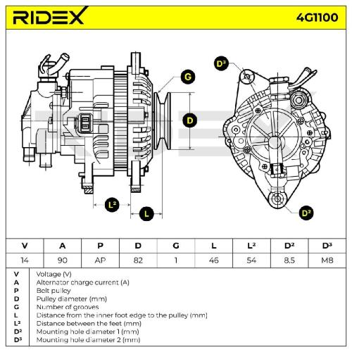 RIDEX 4G1100 Lichtmaschine 90A 14V Drehrichtung im Uhrzeigersinn mit MD162964 Bild RIDEX 4G1100 Lichtmaschine 90A 14V Drehrichtung im Uhrzeigersinn mit MD162964