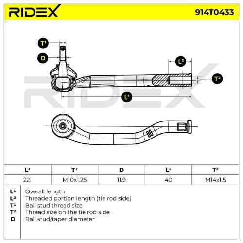RIDEX Spurstangenkopf Vorderachse links Traggelenk IN M14X1.5 RHT M10X1.25 mit Bild RIDEX Spurstangenkopf Vorderachse links Traggelenk IN M14X1.5 RHT M10X1.25 mit
