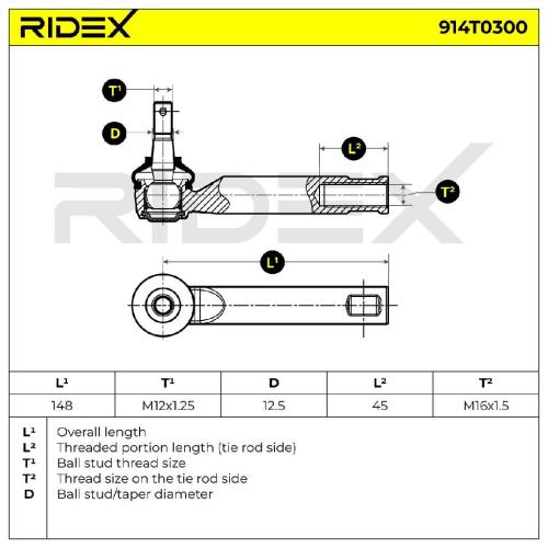RIDEX Spurstangenkopf außen Vorderachse beidseitig Traggelenk M12X1.25 914T0300 Bild RIDEX Spurstangenkopf außen Vorderachse beidseitig Traggelenk M12X1.25 914T0300