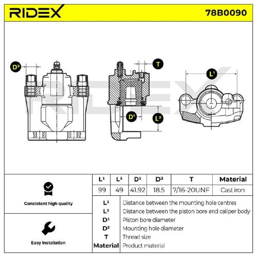 RIDEX 78B0090 Bremssattel Bremszange Hinten rechts für CHRYSLER VOYAGER IV Bild RIDEX 78B0090 Bremssattel Bremszange Hinten rechts für CHRYSLER VOYAGER IV