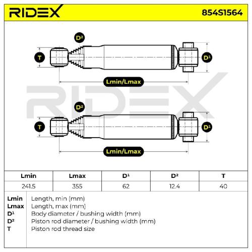 RIDEX 854S1564 2x Stoßdämpfer Gasdruck Hinten passend für PEUGEOT 206 Schrägheck Bild RIDEX 854S1564 2x Stoßdämpfer Gasdruck Hinten passend für PEUGEOT 206 Schrägheck