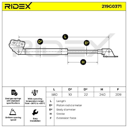 RIDEX 219G0371 Heckklappendämpfer links Länge:580mm 209N Hub: 240mm für SUZUKI Bild RIDEX 219G0371 Heckklappendämpfer links Länge:580mm 209N Hub: 240mm für SUZUKI