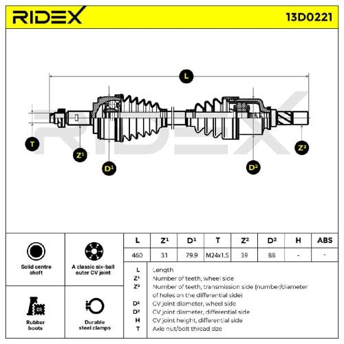 RIDEX Antriebswelle Achswelle Vorderachse/Vorne links für RENAULT 13D0221 Bild RIDEX Antriebswelle Achswelle Vorderachse/Vorne links für RENAULT 13D0221