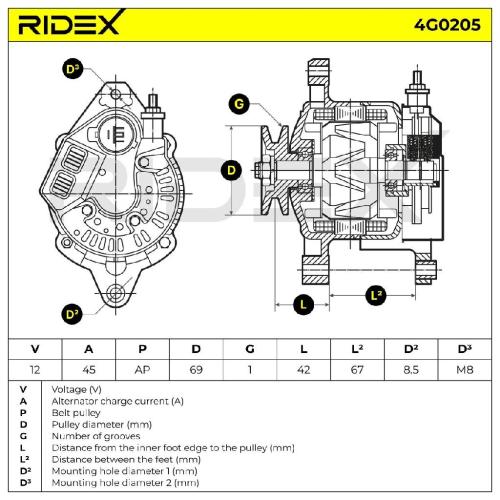 RIDEX 4G0205 Lichtmaschine 45A 14V Drehrichtung im Uhrzeigersinn mit für SUZUKI Bild RIDEX 4G0205 Lichtmaschine 45A 14V Drehrichtung im Uhrzeigersinn mit für SUZUKI