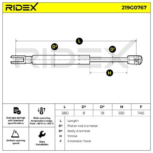 RIDEX 219G0767 Heckklappendämpfer beidseitig Länge:381mm 745N Hub: 131mm Bild RIDEX 219G0767 Heckklappendämpfer beidseitig Länge:381mm 745N Hub: 131mm