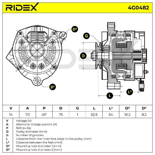 RIDEX 4G0482 Lichtmaschine 70A 14V Drehrichtung gegen den Uhrzeigersinn mit Bild RIDEX 4G0482 Lichtmaschine 70A 14V Drehrichtung gegen den Uhrzeigersinn mit