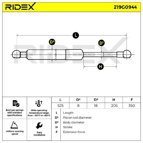 RIDEX 219G0944 Heckklappendämpfer hinten Länge:524,5mm 350N Hub: 205mm für VOLVO Bild RIDEX 219G0944 Heckklappendämpfer hinten Länge:524,5mm 350N Hub: 205mm für VOLVO